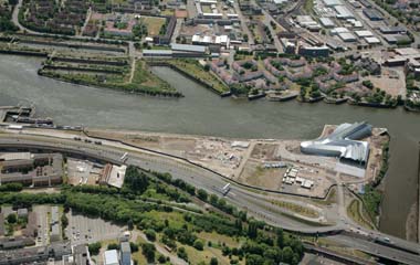 Aerial view of where Glasgow Harbour's commercial district will be built